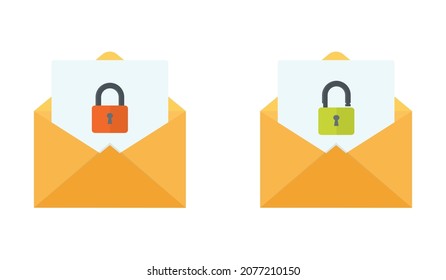 Email Lock Icon. An Open Envelope With A Lock And Unlock Icon.