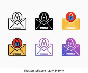 Juego de iconos de bloqueo de correo electrónico con línea, contorno, plano, relleno, glifo, color, gradiente. Actrazo editable y píxel perfecto. Se puede usar para productos digitales, presentación, diseño de impresión y más.