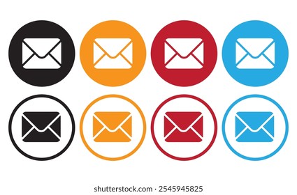  E-Mail-Logo Symbol, Vektorgrafik.Kommunikationszeichen.Kontakt Als flaches Symbol, solider Stil, einzeln, einfach, Farbe und Größe zu ändern.E-Mail-Symbol, flache, runde Taste, Set, Illustrationsdesign, einzeln auf weiß