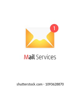 Email logo. Orange mail envelope with red marker one message. Vector Illustration.