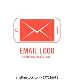 email logotype with inverted red smartphone and letter. concept of networking, cellphone, newsletter, device, notification, delivery, feedback. flat style modern brand design vector illustration