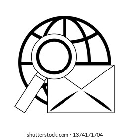 Email and magnifying glass global sphere in black and white