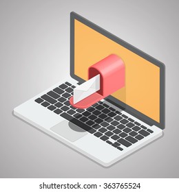 E-mail. Mail delivery from Computer laptop. Email business concept. Isometric illustration vector.
