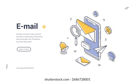 E-Mail-Internet neue Nachricht chat mobile app isometrische Web-Banner Design Vorlage Linie Vektorgrafik. Newsletter Online-Korrespondenz Brief cyberspace Textmitteilung