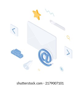 E-mail, mail, letter, ad, send, write, document, correspondence, envelope. Isometric vector illustration flat design isolated. 