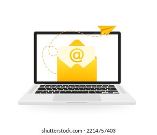 E-Mail auf einem Laptop mit Briefumschlag. Computer und Dokument auf dem Bildschirm. E-Mail-Konzept. Vektorgrafik
