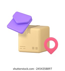 Email mail postal parcel cargo delivery logistic distribution service 3d icon realistic vector illustration. Commercial transportation online shopping shipment cardboard box package shipping map pin