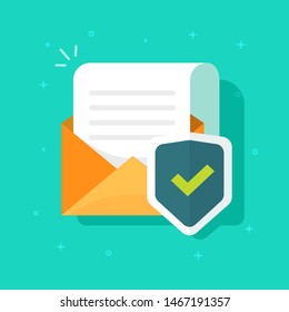 Correo electrónico o correo electrónico protegido con icono de vector de escudo, sobre plano de caricatura con concepto de protección de seguridad de página de documento, idea de defensa de datos privados, cifrado o signo o símbolo de tecnología antivirus