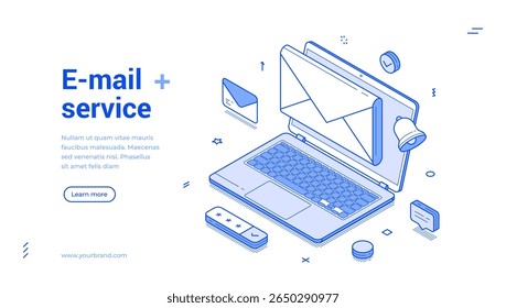 Serviço de email computador internet mensagem outline isométrica web banner design modelo vetor ilustração. Página inicial da tecnologia ciberespacial da correspondência de entrada da newsletter do bate-papo on-line