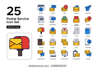 Email and Mailbox Icons. Communication, Letter, and Postal Service Symbols. Vector Illustration. FIlled line icon set