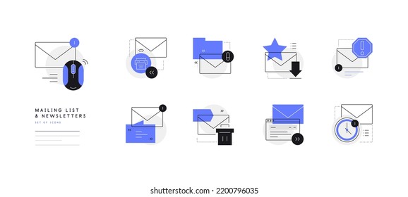 Email. Mailing list and newsletters. Set of simple line art icons. Vector file.