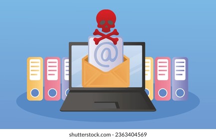 Email with malware concept and laptop open mail envelope and malware or skull and bone virus enter the system.on blue background.Vector Design Illustration.