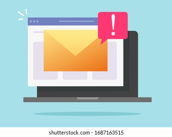 Email malware spam online notification on laptop computer or pc and internet hacking risk alert vector flat cartoon icon, concept of virus ransomware waring notice symbol or digital fraud scam message