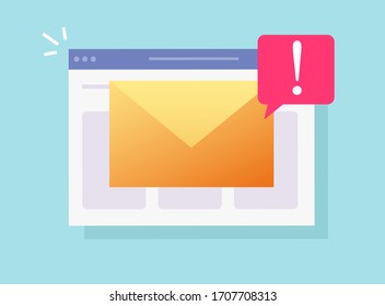 Email malware spam online notification on website page or web internet hacking risk important alert vector flat icon, concept of virus ransomware waring notice symbol or digital fraud scam new message