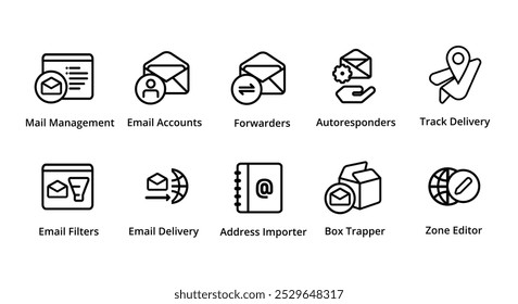 Encaminhador de conta de gerenciamento de email caixa de filtro de email autoresponder trapper ícone do editor de zona coleção definir ilustração gráfica vetorial ferramentas de gerenciamento de servidor de hospedagem na Web