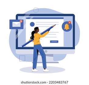 Email management concept. Woman with pencil sorts letters in business correspondence. Promotion on Internet and informing users online. Employee, clerk or manager. Cartoon flat vector illustration