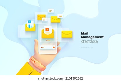 Email management. The hand is holding the phone. Mobile application for data analysis and accounting. File management. Electronic document management. Vector illustration 3d style