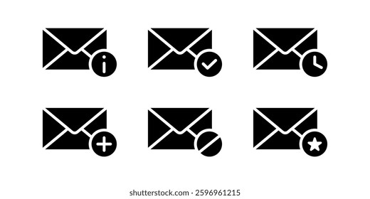 Email management icon set. Inbox and message sign. Read, unread, and starred mail symbol. Notification, blocked, and spam pictogram. Communication and organization illustration.