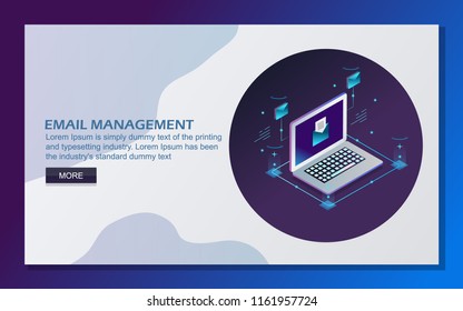 Email management, managing email response, laptop with message 3D isometric vector illustration with icons and texts