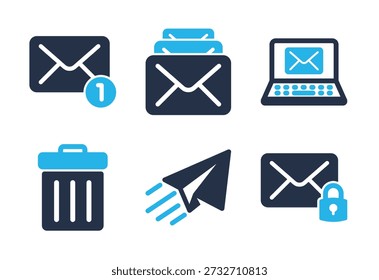 Administración de correo electrónico y conjunto de iconos de seguridad. Iconos de la serie de glifos sólidos