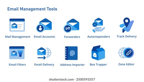 E-Mail-Management-Set-Icon-Sammlung aus Konto DNS-Zone Editor Tracking Lieferadresse Importeur Auto Responder Filter 