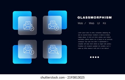 Email management set icon. Letters with website buttons, communication, contact us, checkmark, cross, exclamation point, magnifier, search, delete. Business concept. Glassmorphism. Vector line icon.