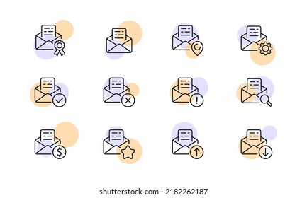 Email management set icon. Winners badge, map pointer, gear, tick, cross, exclamation mark, magnifier, star, dollar sign, download, upload, letter. Business concept. Vector line icon for Business.