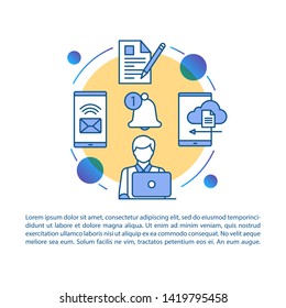 Email marketer article page vector template. Marketing specialty. Brochure, magazine, booklet design element with linear icons and text boxes. Print design. Concept illustrations with text space