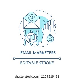 Email marketers turquoise concept icon. Products sales. Affiliate specialists type abstract idea thin line illustration. Isolated outline drawing. Editable stroke. Arial, Myriad Pro-Bold fonts used