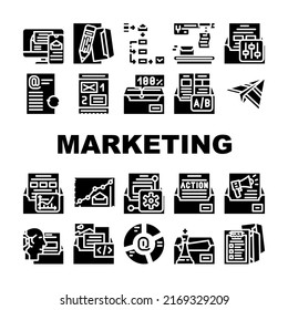 Email Marketing And Advertisement Icons Set Vector. Email Marketing Businessman Occupation For Sending Electronic Message To Customer With Product Information And Service Color Illustrations