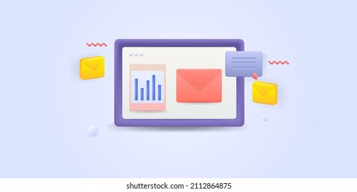 Email Marketing Analytics, Email Data Analysis, Digital Marketing Report - 3d Style Vector Banner Illustration With Icons