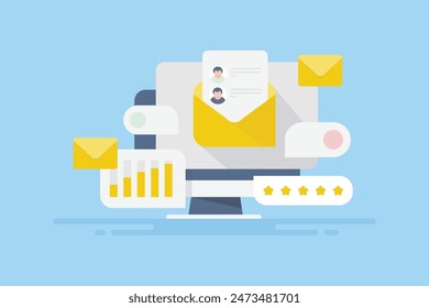 E-Mail-Marketing-Analysen, Senden von E-Mail-Nachrichten an potenzielle Kunden, Newsletter-Marketing zur Aufbewahrung von Kunden, E-Mail-Marketing-Erfolg - Vektorillustration mit Symbolen