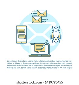 Email marketing article page vector template. Copywriting. Brochure, magazine, booklet design element with linear icons and text boxes. Print design. Concept illustrations with text space 