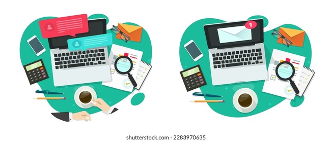 Email marketing audit of social media activity on laptop computer online vector, mail newsletter campaign analyzing research flat graphic illustration, digital electronic internet content analytics