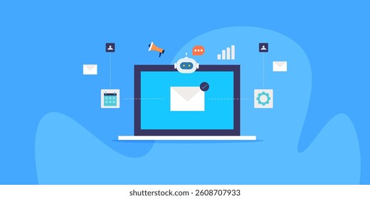 Email marketing automation, Business using artificial intelligence in email marketing campaign, AI assistance for email marketing - vector illustration with icons