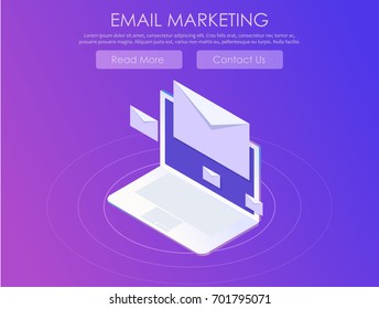 Email marketing banner. Computer on abstract gradient background with envelopes. Vector flat isometric illustration