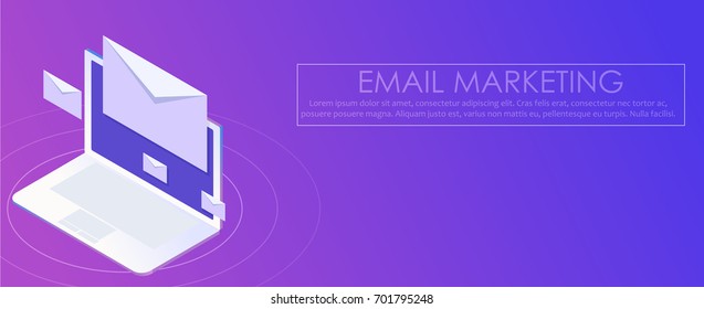 Email marketing banner. Computer on abstract gradient background with envelopes. Vector flat isometric illustration