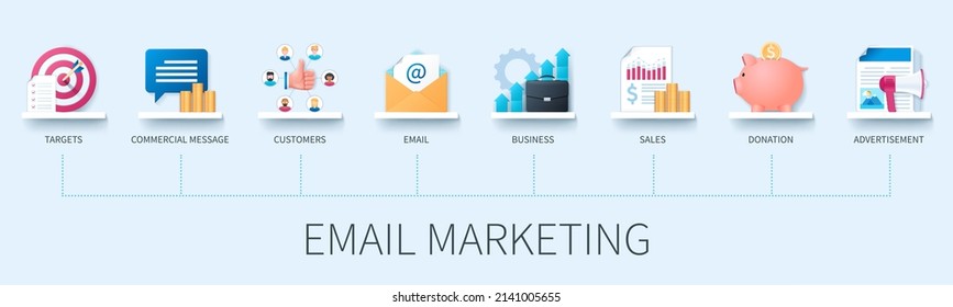 Cartel de email marketing con iconos. Destinos, mensajes comerciales, clientes, correo electrónico, negocios, ventas, donaciones, iconos publicitarios. Concepto de negocio. Infografía vectorial web en estilo 3D