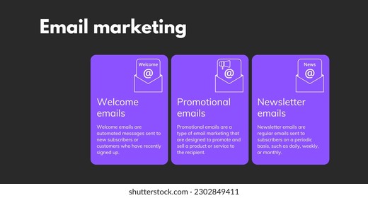 Email Marketing Banner on Dark Background. Stylish Marketing Banner with White Text and Icons for Business and Marketing