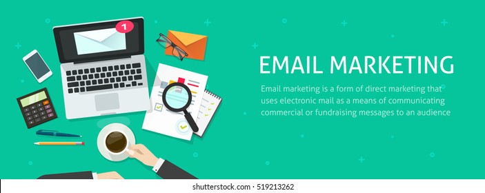 Email marketing banner vector illustration, auditor person working on workdesk with laptop, envelope, email analyzing or inspecting newsletter campaign data, analytic table top view, promotion design