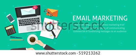 Email marketing banner vector illustration, auditor person working on workdesk with laptop, envelope, email analyzing or inspecting newsletter campaign data, analytic table top view, promotion design