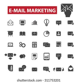 e-mail marketing black isolated concept icons, illustrations set. Flat design vector for web, infographics, apps, mobile phone servces