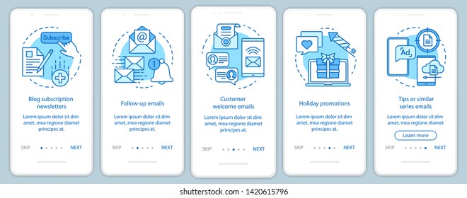 Email marketing blue onboarding mobile app page screen vector template. Blog subscription, promotions walkthrough website steps with linear illustrations. UX, UI, GUI smartphone interface concept