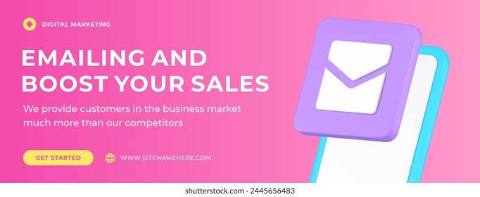 Email marketing and boost your sales business strategy optimization social media banner template 3d icon vector illustration. Corporate website effective management campaign e commerce development