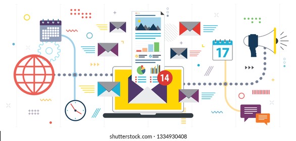 Email marketing and business communication, send and receive email, email inbox. Notification new message. Template in flat design for web banner or infographic in vector illustration.