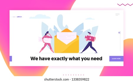 Email Marketing Business Correspondence Concept with People Characters Sending Documents by Mail. Newsletter Banner with Man Woman and Envelope Graph for Website, Web Page. Flat Vector Illustration