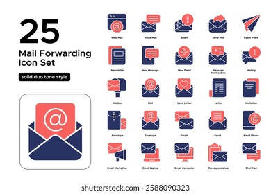 Email Marketing and Business Letters. Envelopes, Mails, and Notifications. Vector Illustration. Solid duo tone icon set