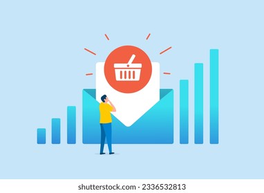 Email Marketing Campaign - abandoned cart recovery e-mail strategy concept. Interactive email letter with shopping cart icon. Reaching target audience with e-mail letter. Vector banner illustration