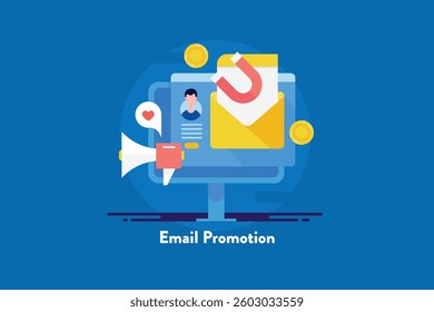 Email marketing campaign attracting customers, Customer retention, email ad campaign generating leads, Email promotion - vector illustration with icons