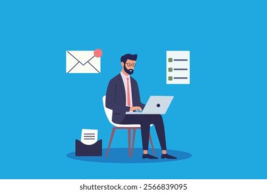 Email marketing campaign. Businessman sending promotional emails using laptop and mailing list software. Email marketing strategy,  customer communication, online marketing, digital marketing concept.